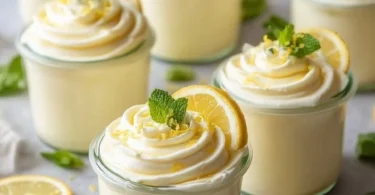 Delicious homemade easy lemon mousse served in a bowl with lemon slices