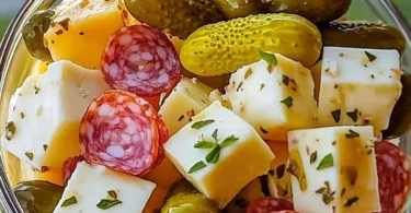 Easy marinated cheese appetizer with salami and pickles