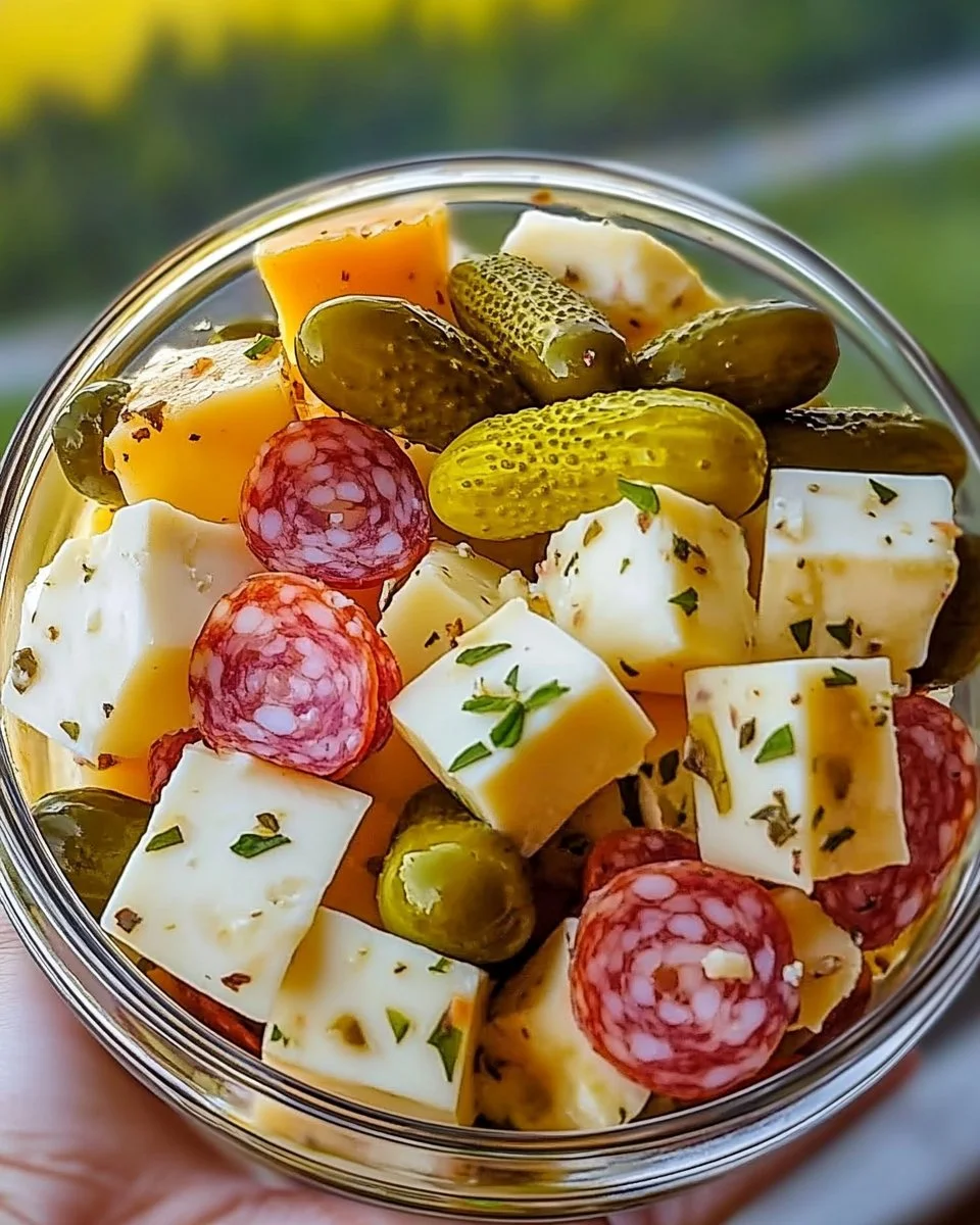 Easy marinated cheese appetizer with salami and pickles