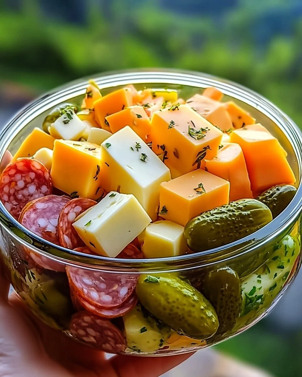 Easy Marinated Cheese Appetizer with Salami & Pickles