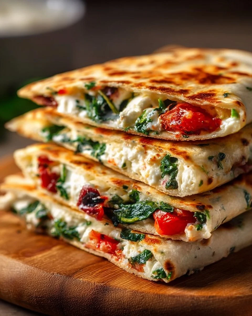 Delicious Easy Mediterranean Quesadilla filled with fresh ingredients