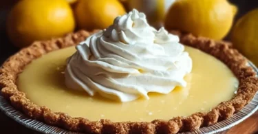 Easy no-bake lemon pie topped with whipped cream and lemon slices.