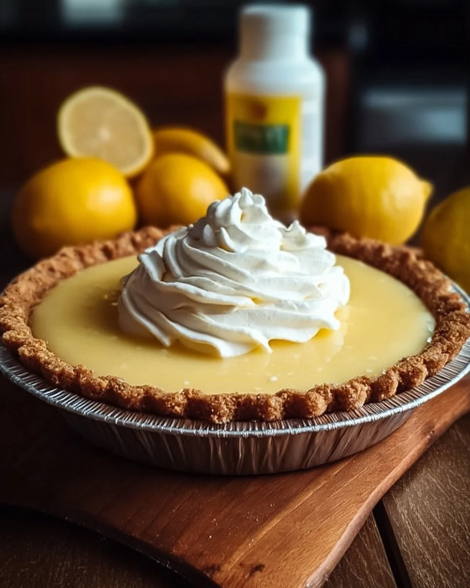 Easy no-bake lemon pie topped with whipped cream and lemon slices.