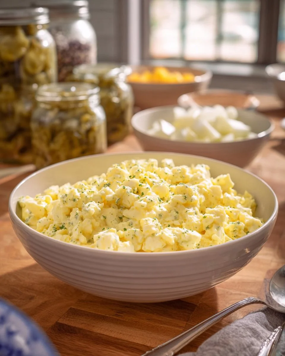 Delicious homemade egg salad served in a bowl with fresh herbs