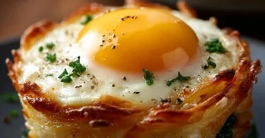 Delicious Eggs Napoleon topped with hollandaise sauce and garnished elegantly.