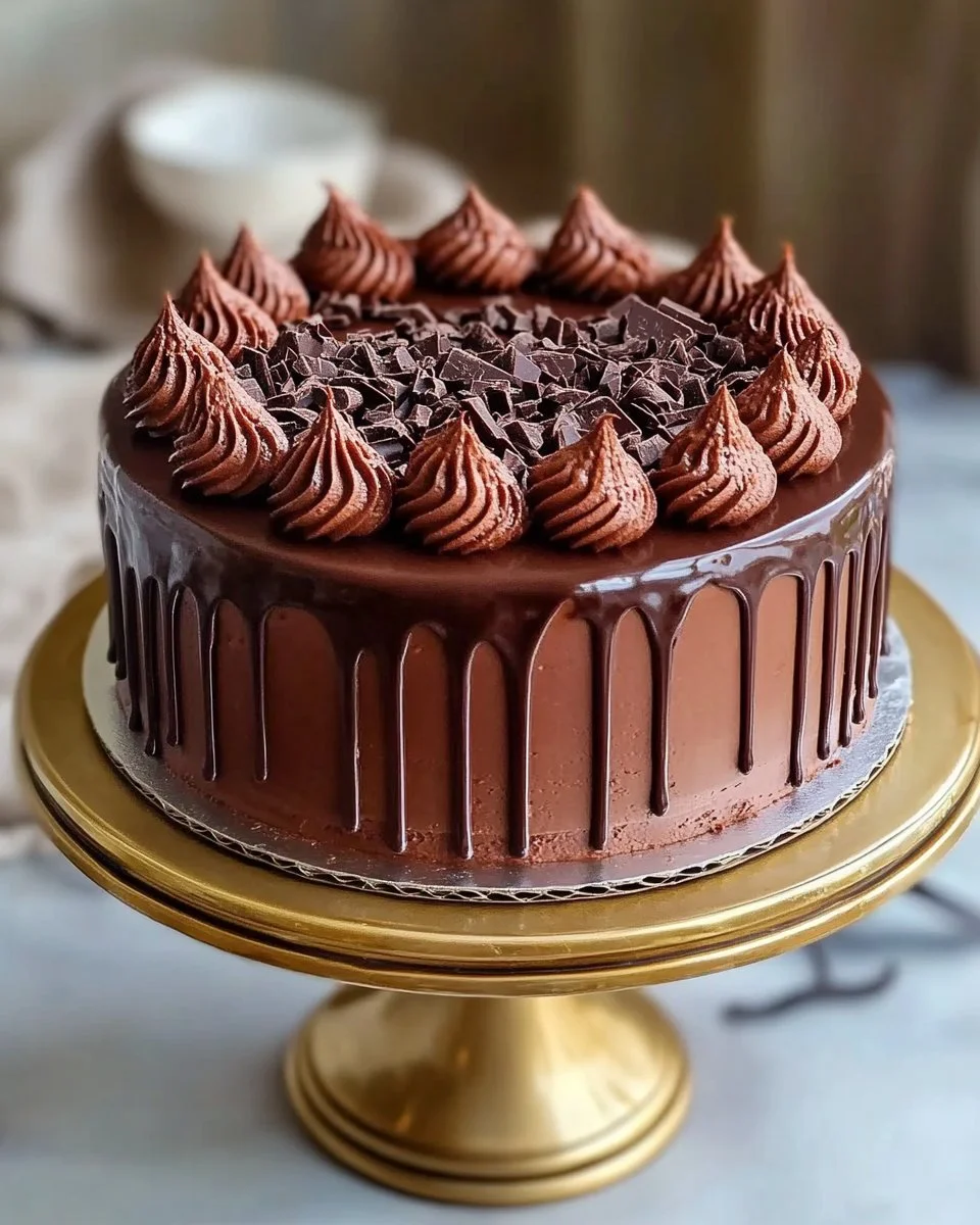 Elegant Chocolate Symphony Cake with rich layers and chocolate drizzle