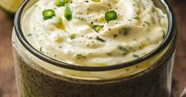 Delicious jar of jalapeño garlic mayo for sandwiches and dips