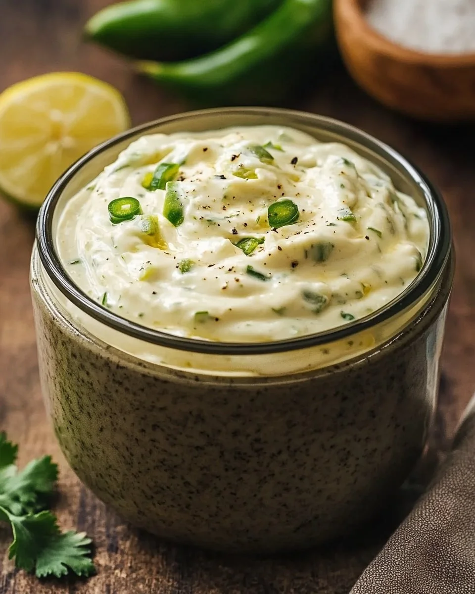 Delicious jar of jalapeño garlic mayo for sandwiches and dips