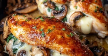 Deliciously prepared mushroom stuffed chicken breast on a plate