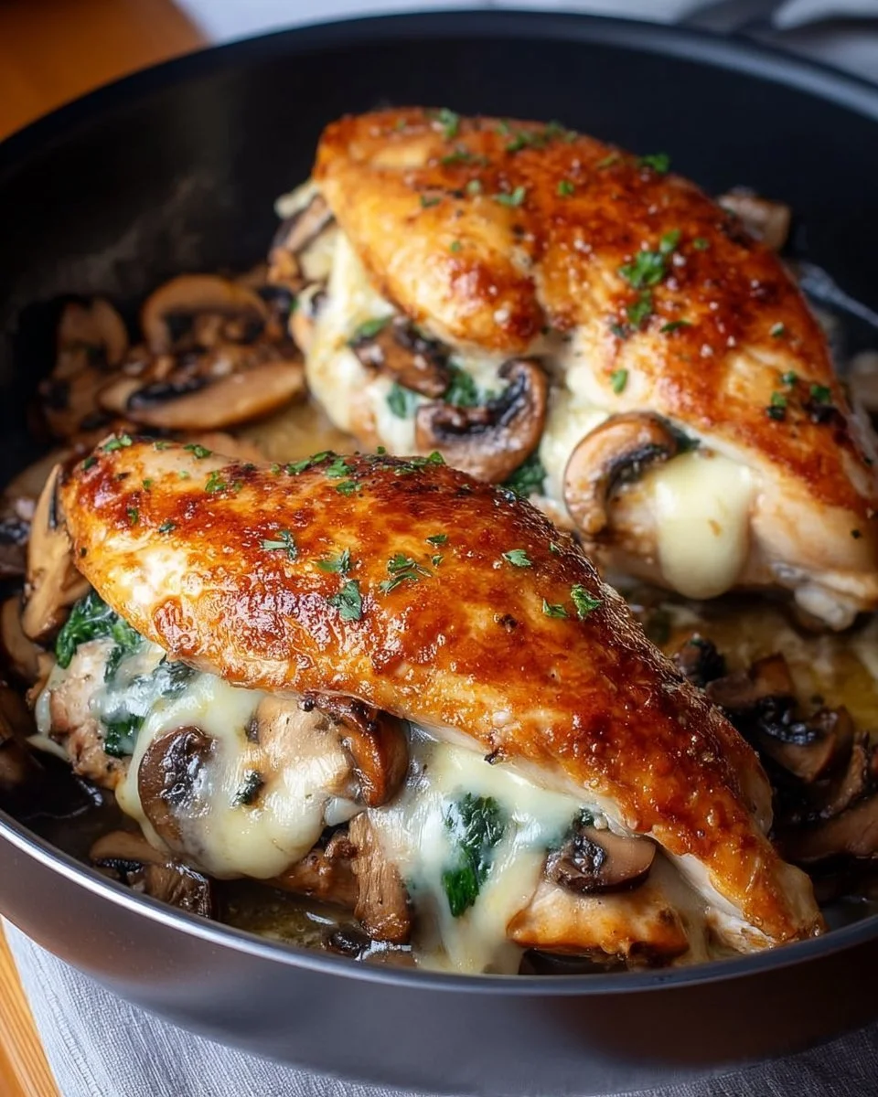 Deliciously prepared mushroom stuffed chicken breast on a plate
