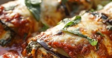 Delicious fluffy eggplant rollatini bake topped with cheese and herbs