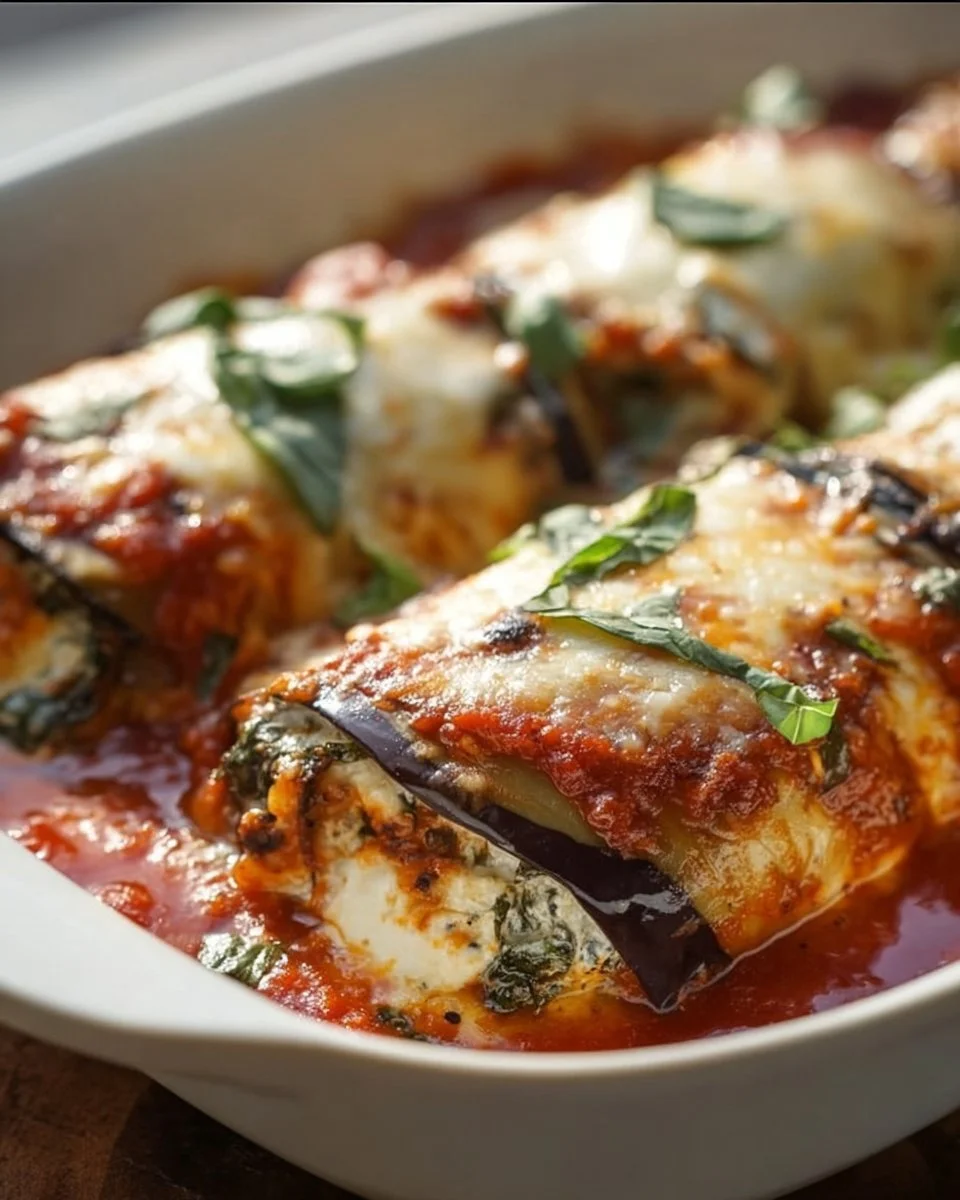 Delicious fluffy eggplant rollatini bake topped with cheese and herbs