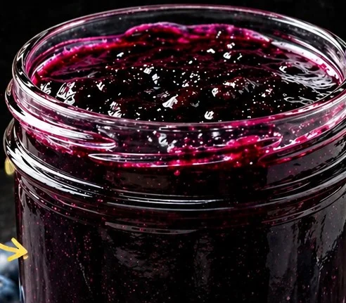 Homemade French-style blueberry vanilla jam in a jar