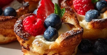 Delicious French Toast Cups filled with sweet toppings and served warm.