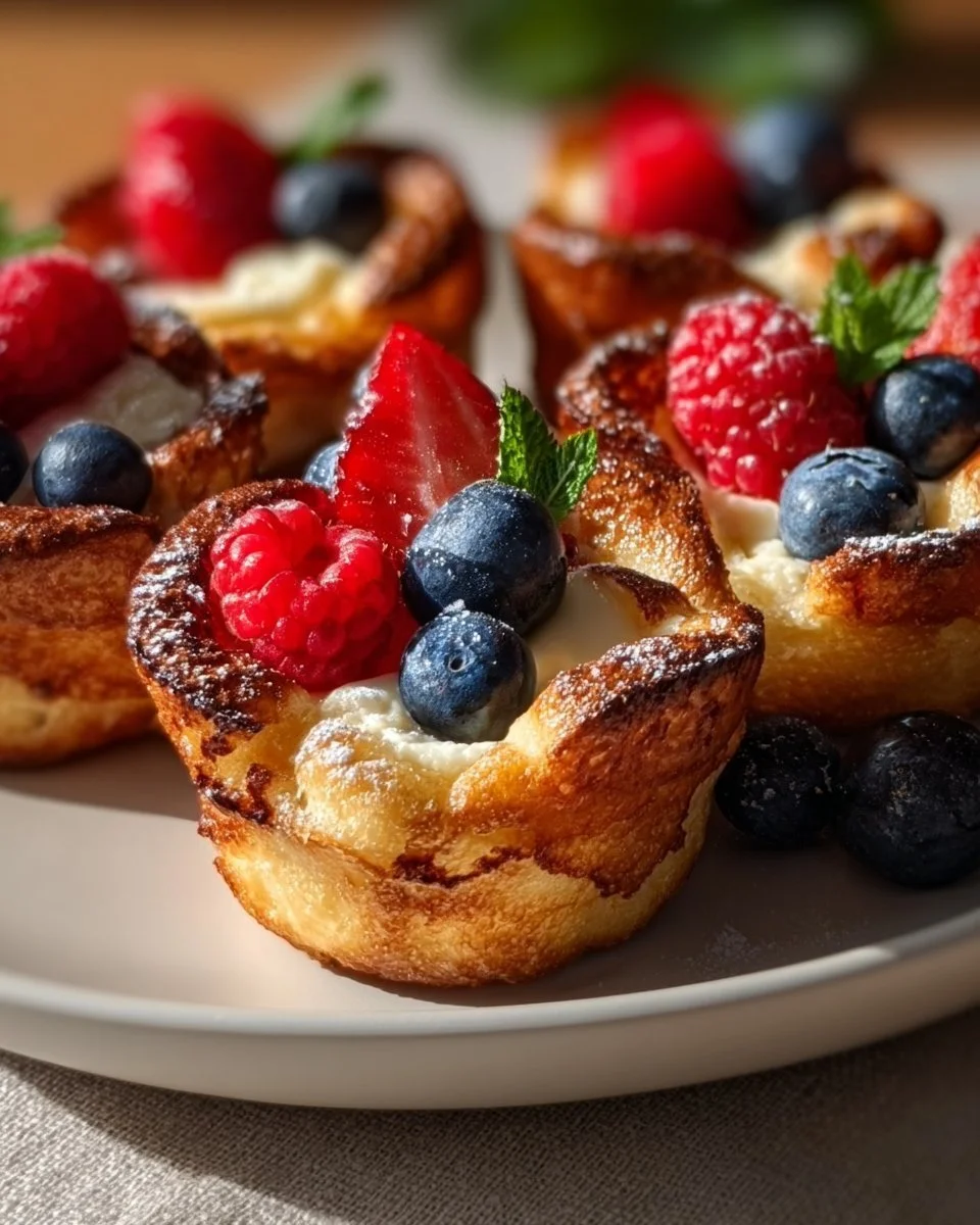 Delicious French Toast Cups filled with sweet toppings and served warm.