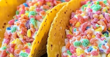 Fruity Pebbles cheesecake tacos served on a colorful plate
