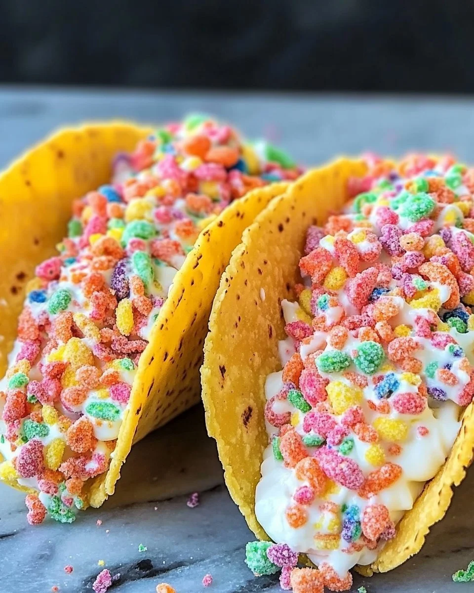 Fruity Pebbles cheesecake tacos served on a colorful plate