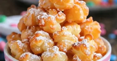 Plate of delicious funnel cake bites dusted with powdered sugar