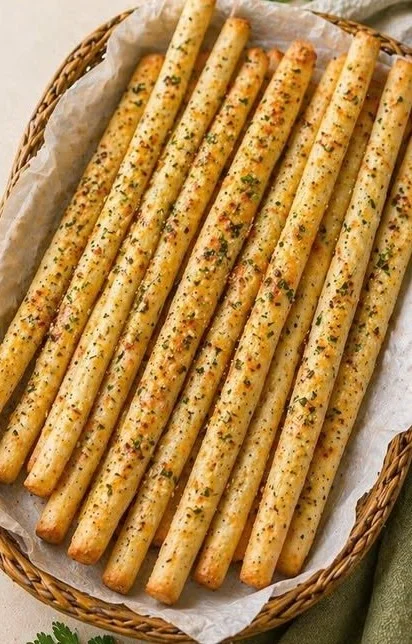 Thin and crispy garlic bread sticks served as a tasty appetizer