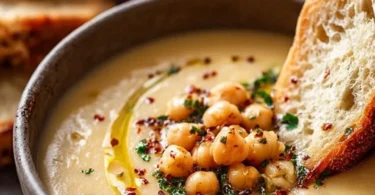 Bowl of flavorful Garlic Chickpea Soup topped with herbs