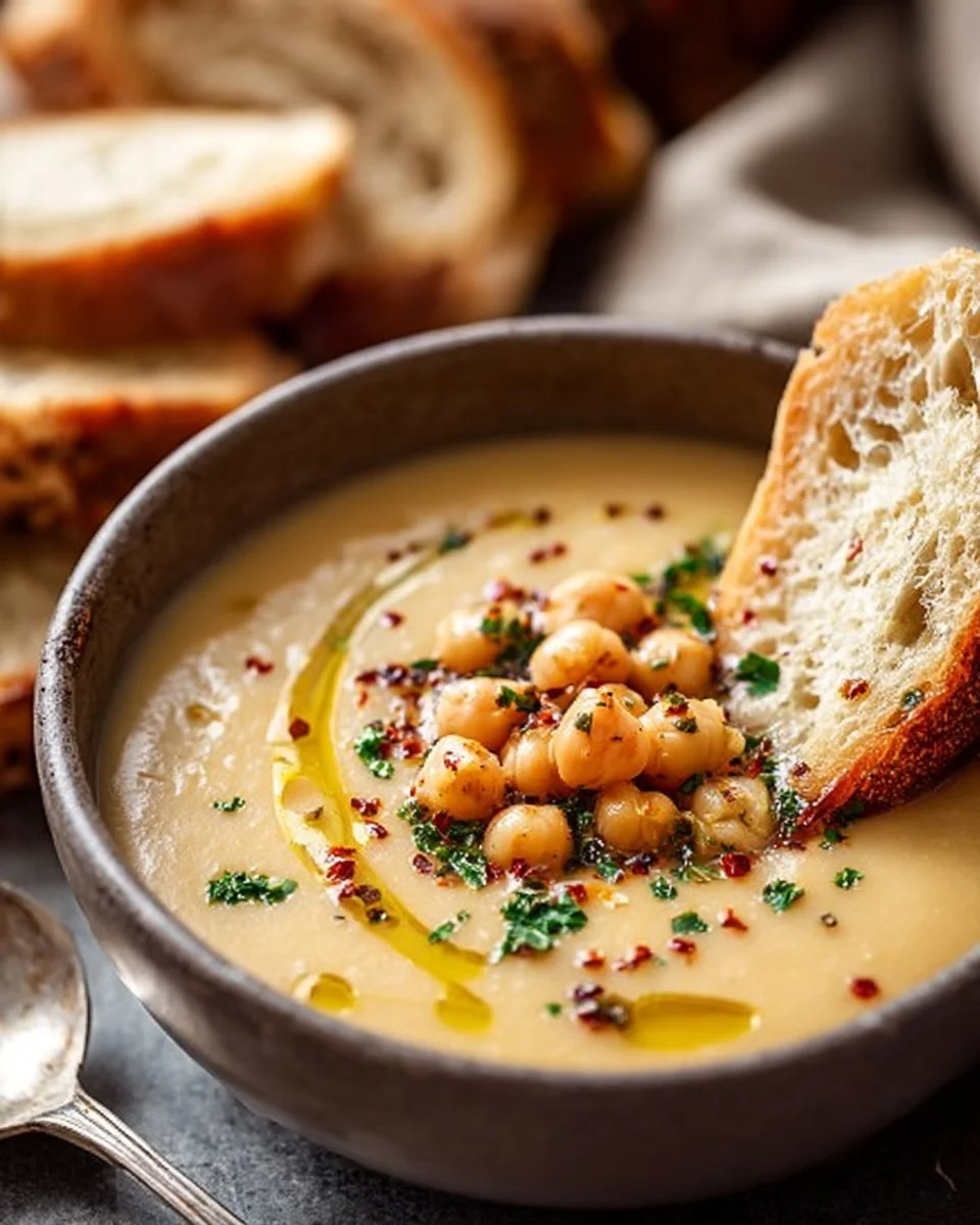 Bowl of flavorful Garlic Chickpea Soup topped with herbs