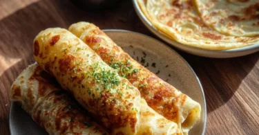 Freshly baked garlic flatbread topped with herbs and olive oil