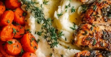 Plate of Garlic Herb Chicken with mashed potatoes and glazed carrots.