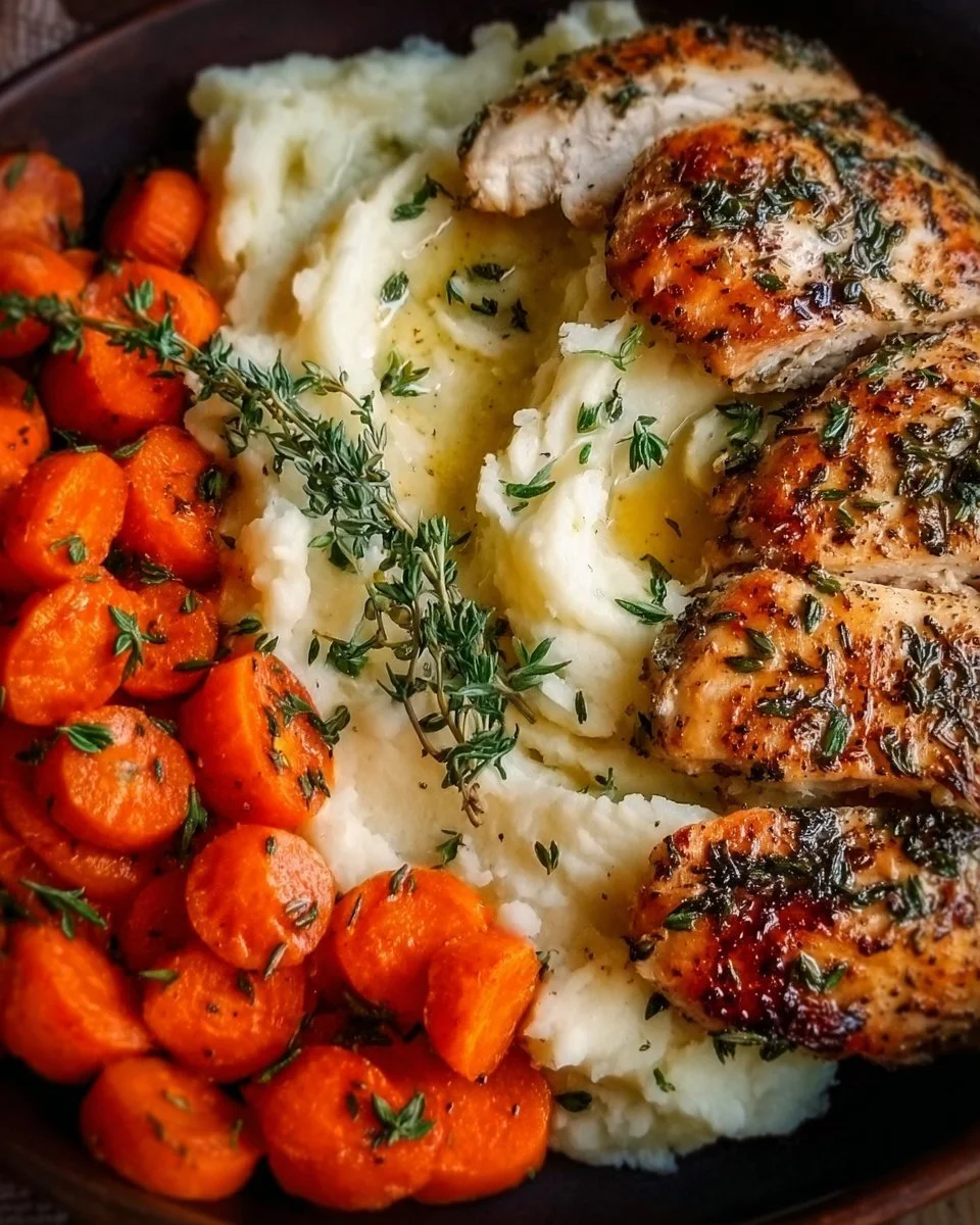Plate of Garlic Herb Chicken with mashed potatoes and glazed carrots.