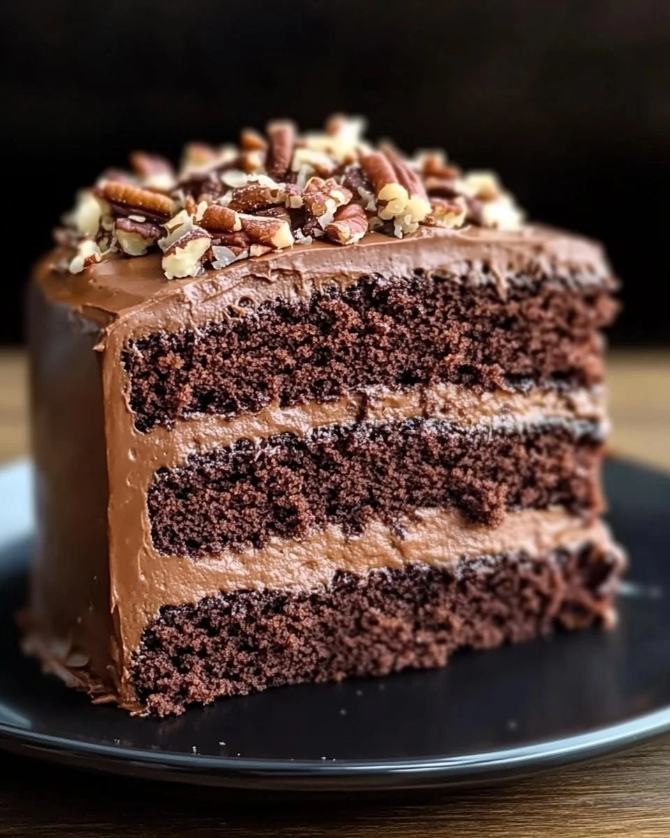Delicious slice of German Chocolate Cake with coconut-pecan frosting