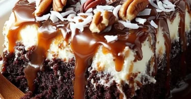 Delicious German Chocolate Poke Cake topped with coconut and pecans