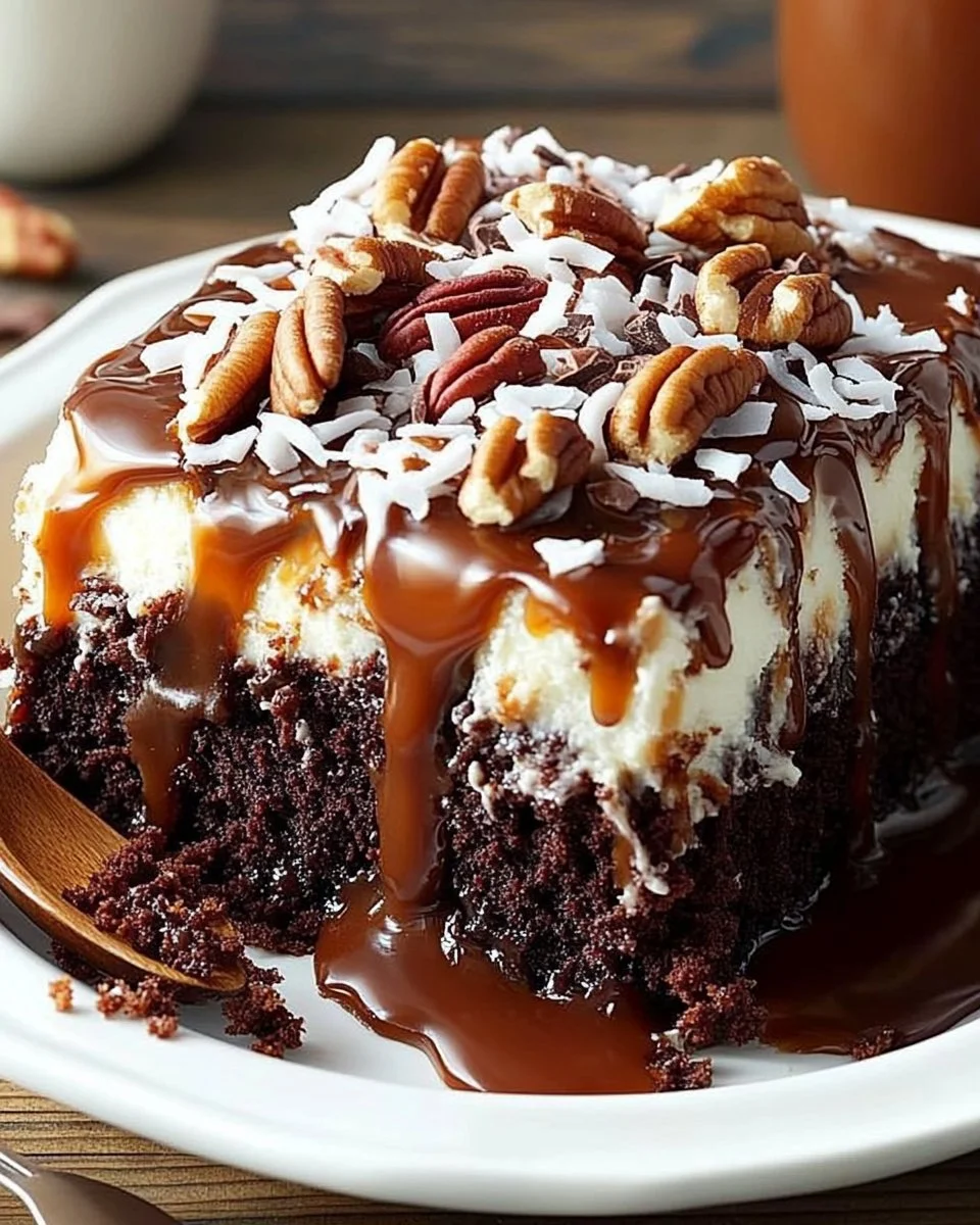 Delicious German Chocolate Poke Cake topped with coconut and pecans