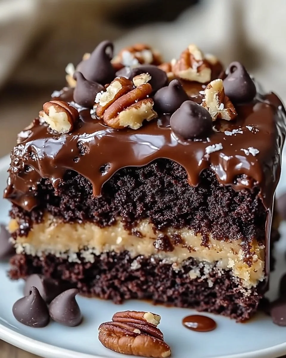 Slice of German Chocolate Poke Cake with coconut and pecan topping