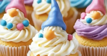 Colorful gnome cupcakes decorated for a whimsical celebration.