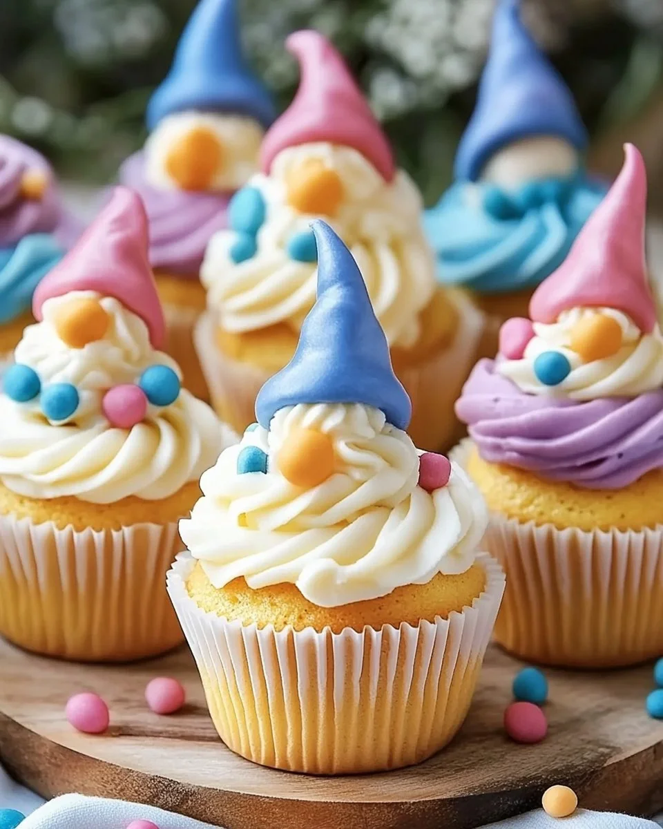 Colorful gnome cupcakes decorated for a whimsical celebration.