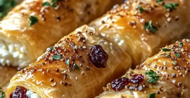 Golden baked feta rolls drizzled with sweet cranberry honey on a plate