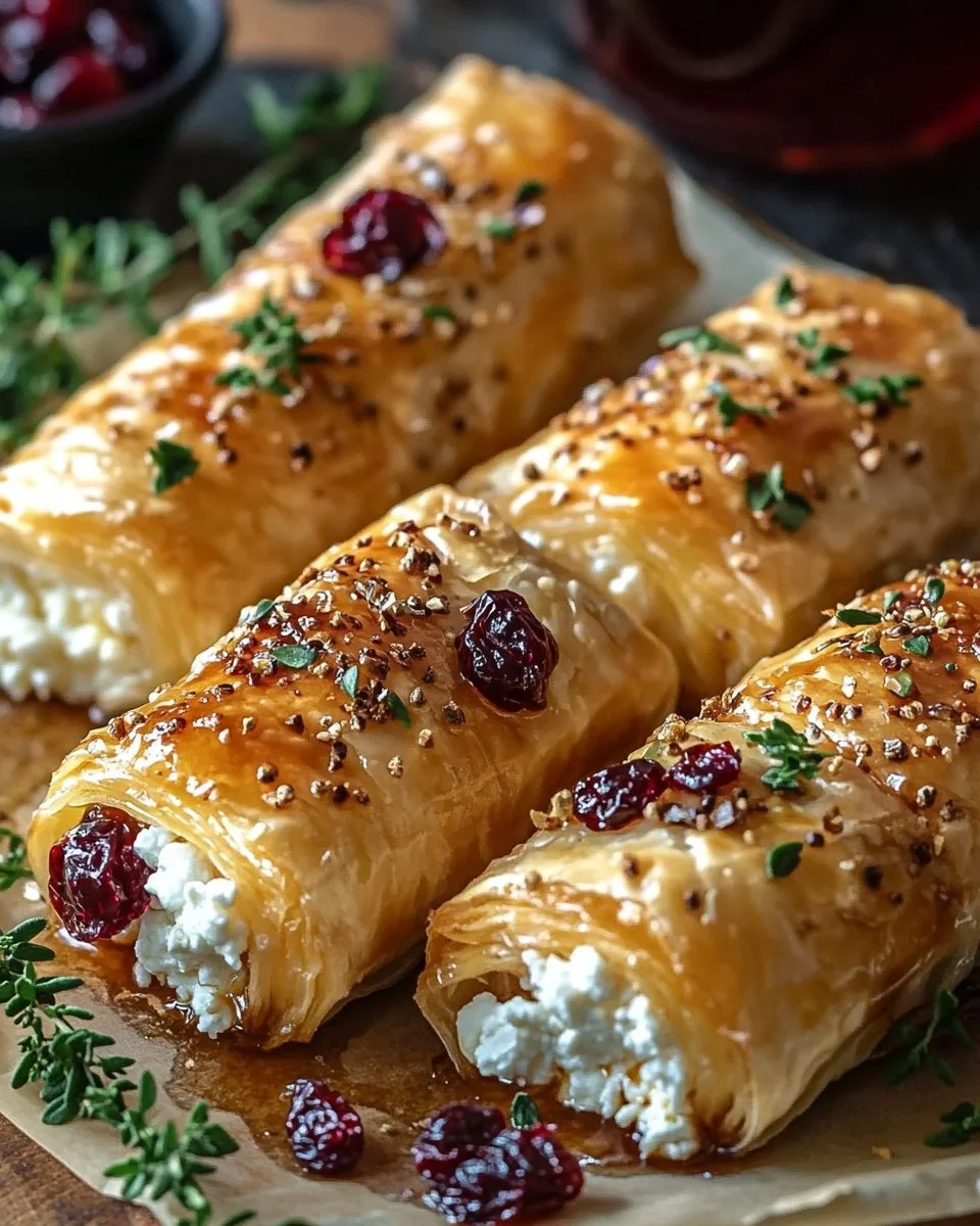 Golden baked feta rolls drizzled with sweet cranberry honey on a plate