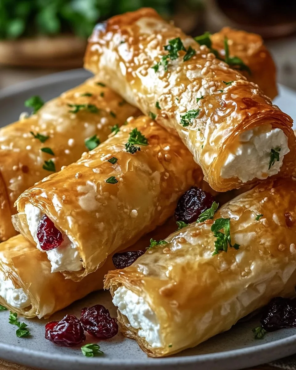 Golden Baked Feta Rolls with Sweet Cranberry Honey