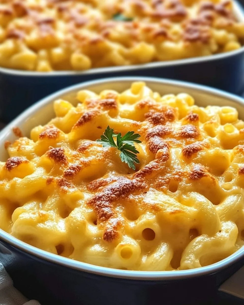 Delicious bowl of good old-fashioned mac and cheese topped with golden breadcrumbs
