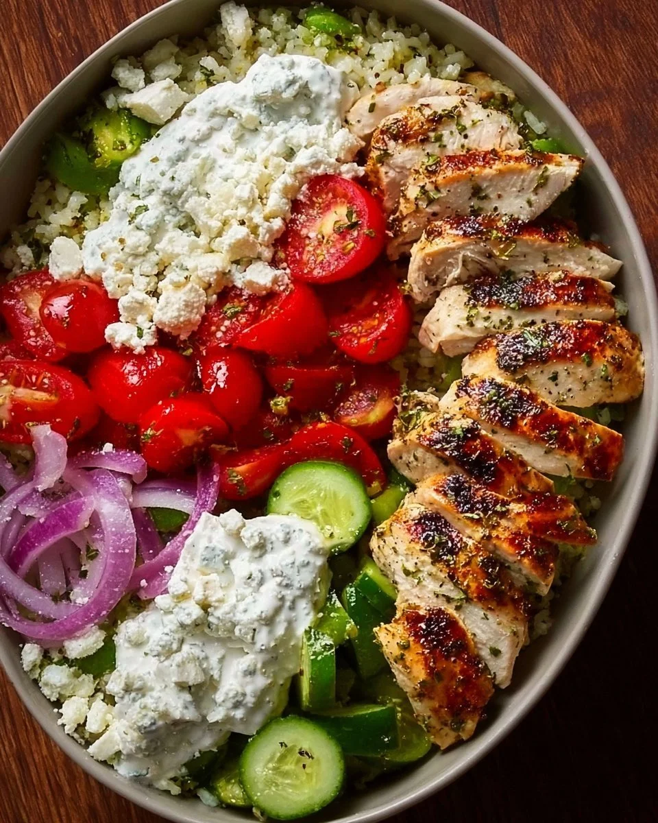 Delicious Greek Chicken Bowls with fresh vegetables and Mediterranean flavors.