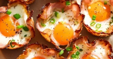 Baked ham and cheese egg cups served on a plate