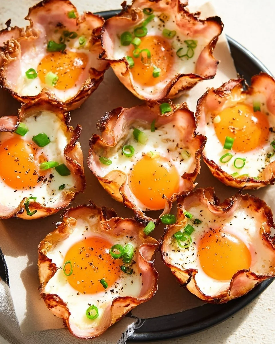 Baked ham and cheese egg cups served on a plate