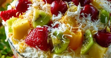 Delicious Hawaiian Cheesecake Salad with tropical fruits and creamy cheesecake topping