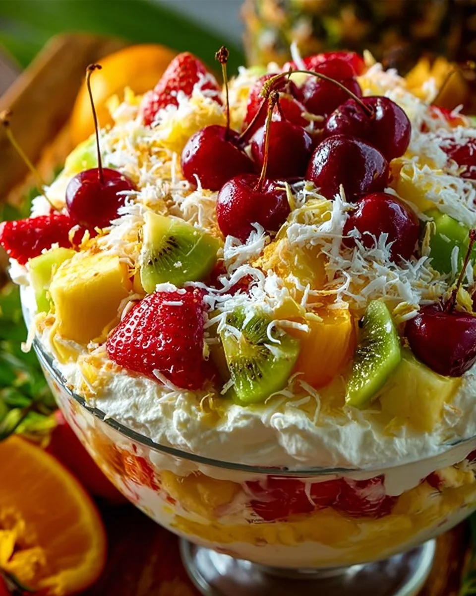 Delicious Hawaiian Cheesecake Salad with tropical fruits and creamy cheesecake topping