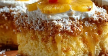 Delicious Hawaiian Pineapple Cake garnished with tropical fruits