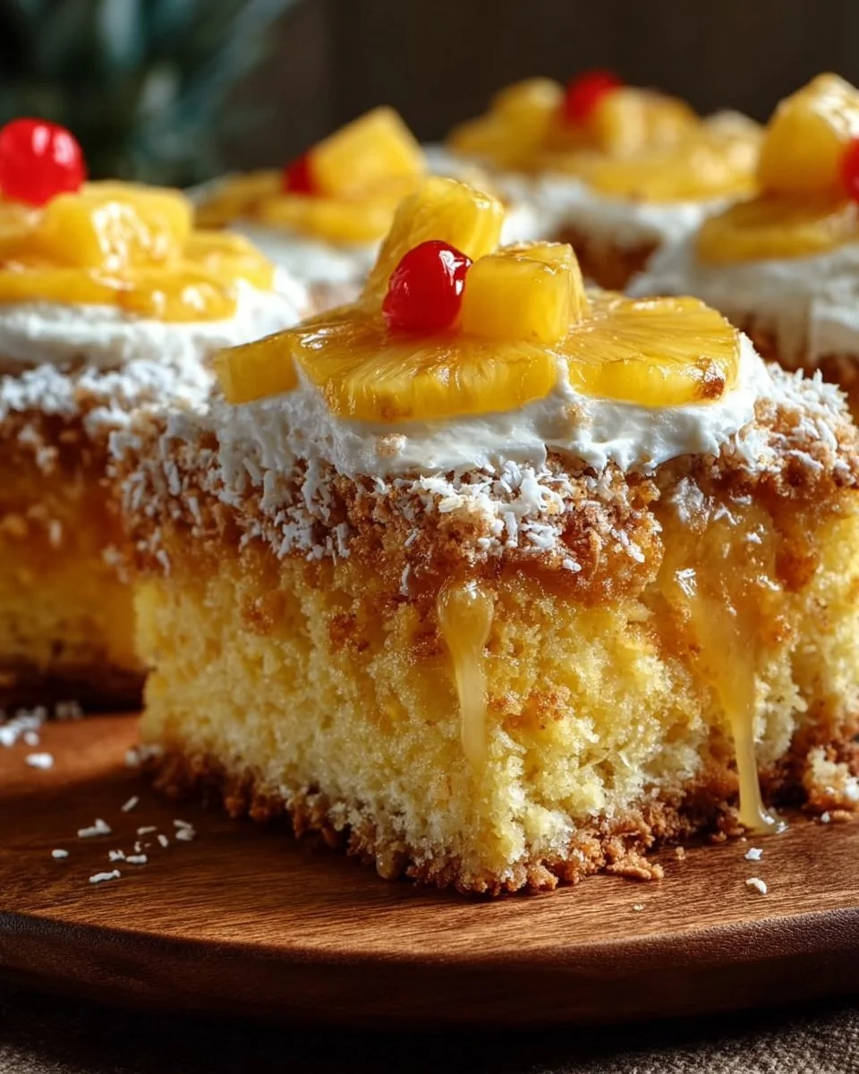 Delicious Hawaiian Pineapple Cake garnished with tropical fruits