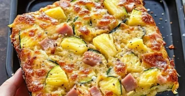 Hawaiian Pizza Zucchini Slice topped with pineapple and ham