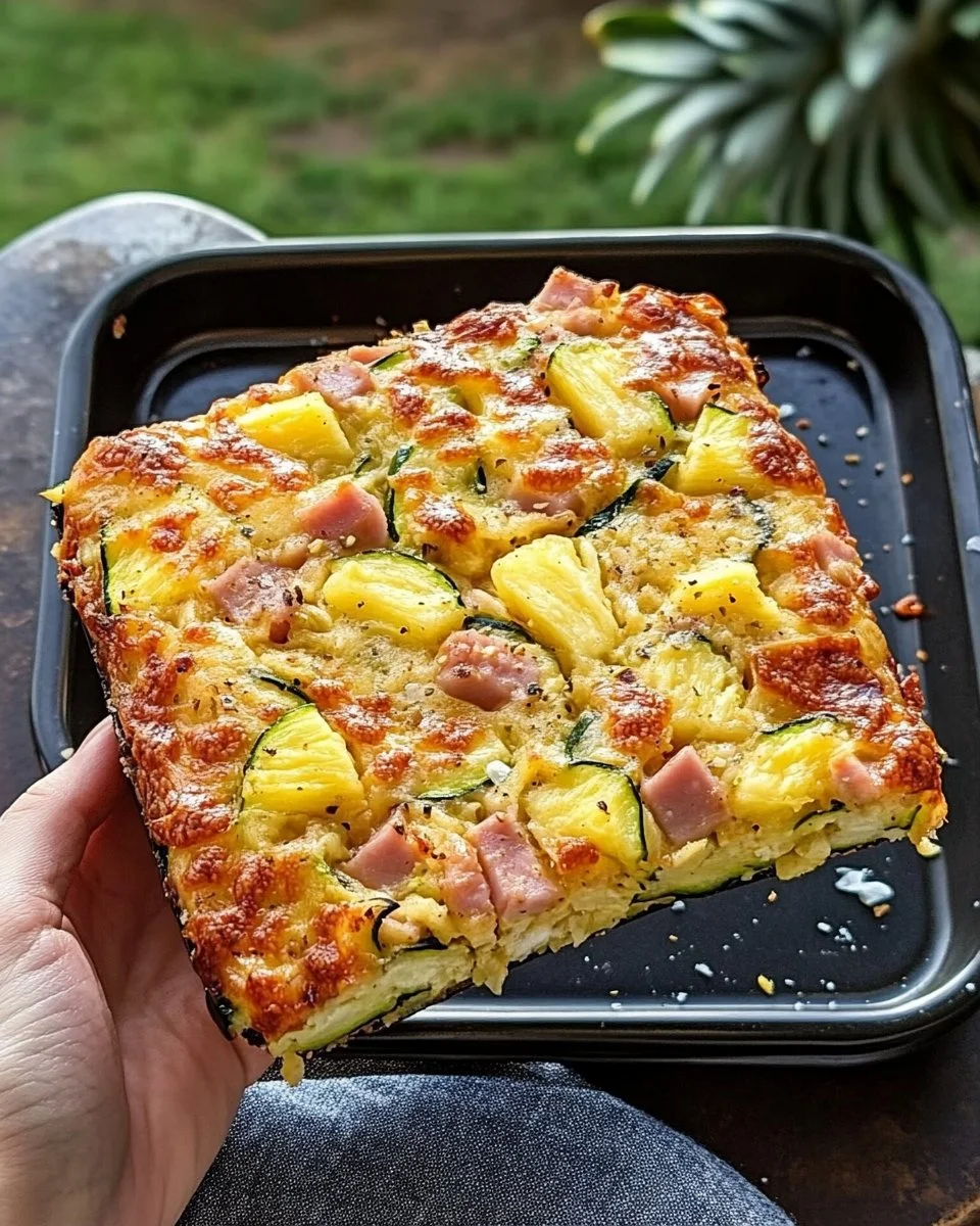 Hawaiian Pizza Zucchini Slice topped with pineapple and ham
