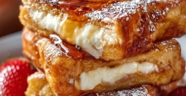 Hawaiian Sweet Roll French Toast served with syrup and fruit garnish