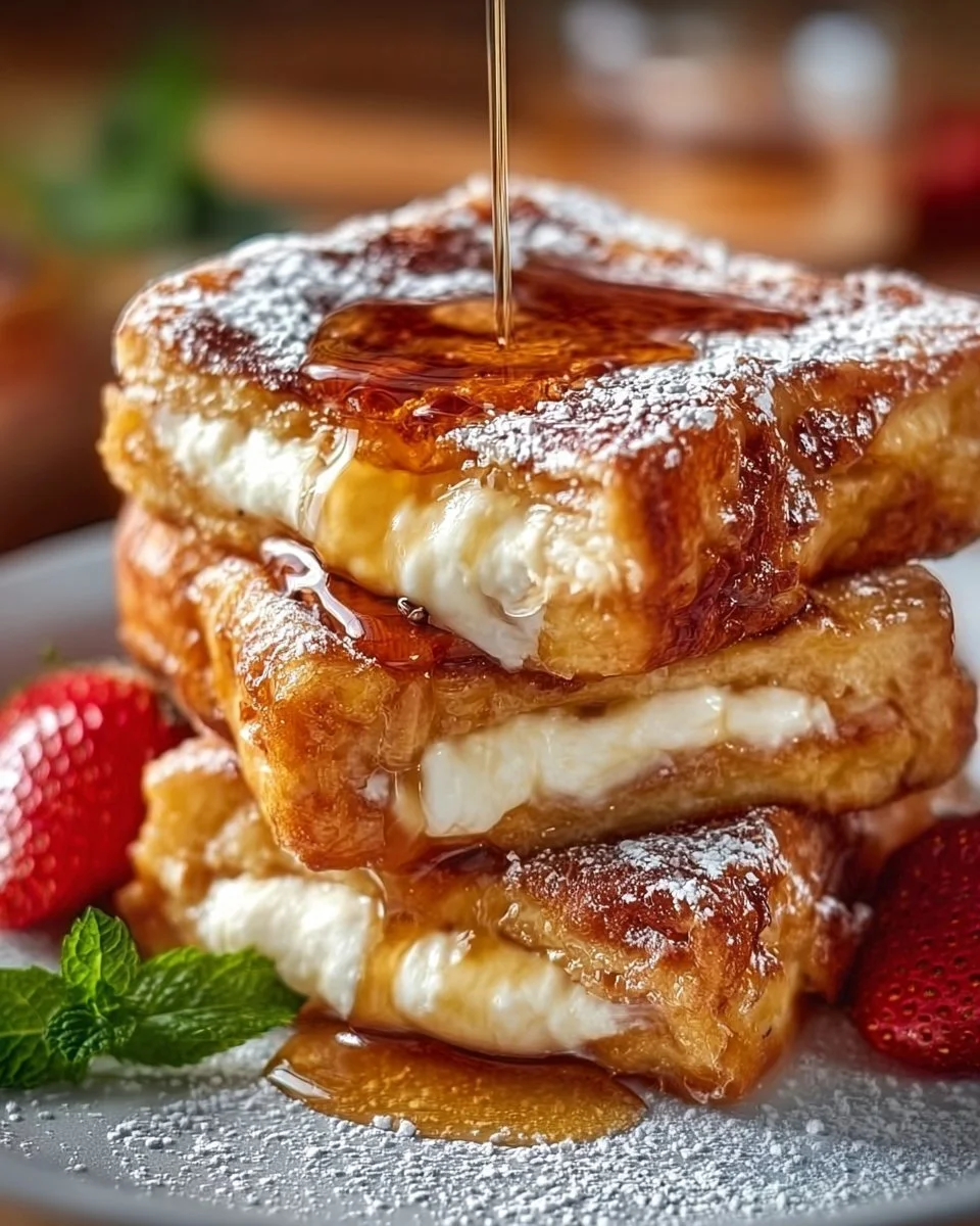 Hawaiian Sweet Roll French Toast served with syrup and fruit garnish