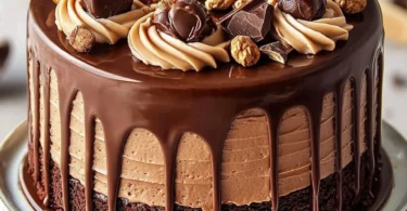 Slices of hazelnut fudge chocolate cake topped with chocolate drizzle and hazelnuts